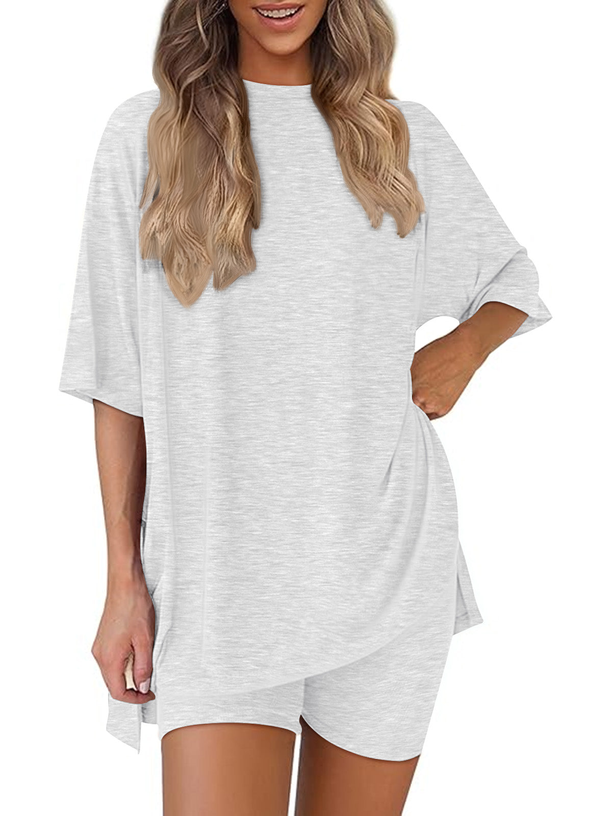 SUNBS Two Piece Lounge Set for Women Outfit Sets Casual Oversized Shirts Biker Shorts Matching Sets