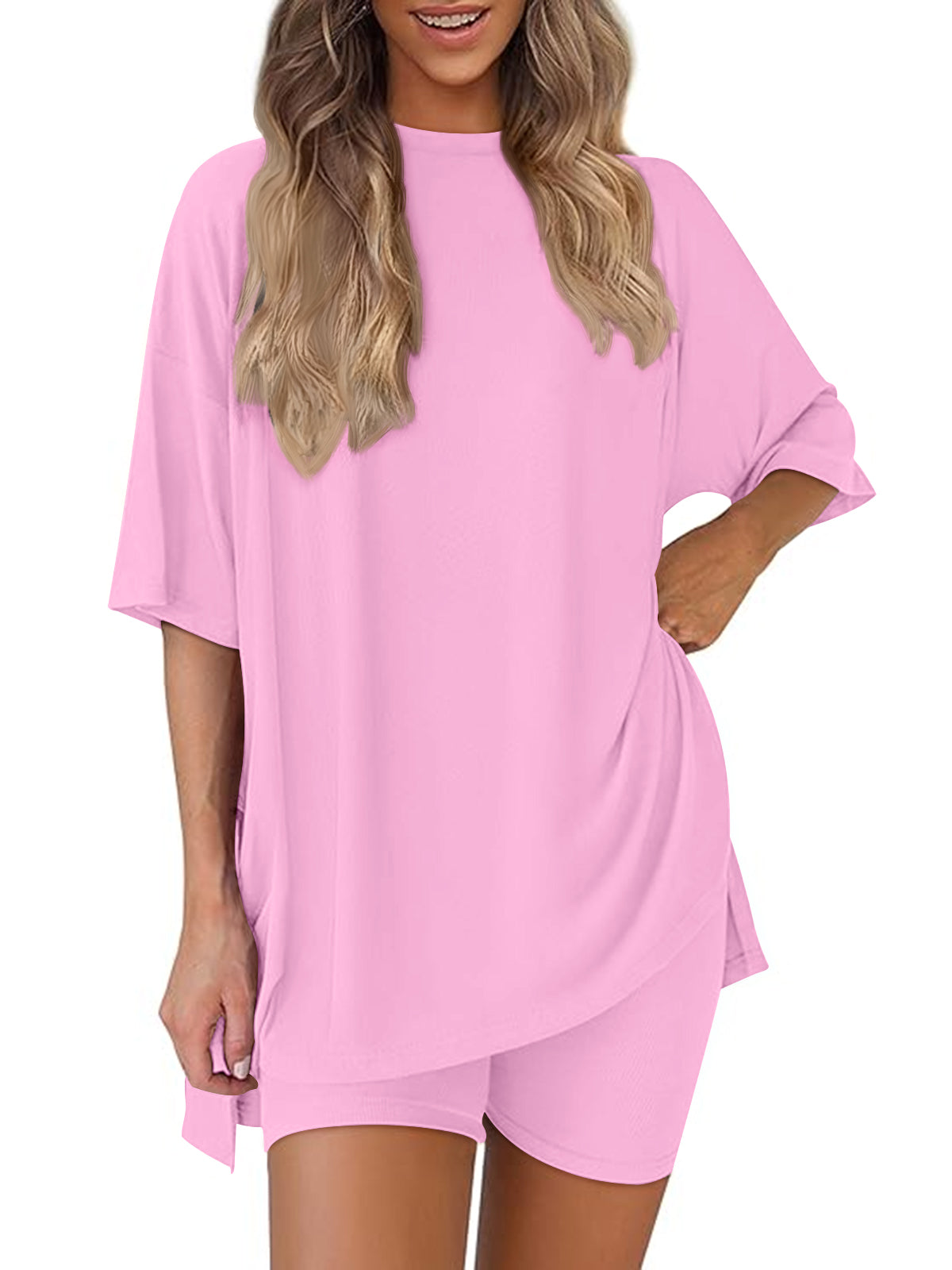 SUNBS Two Piece Lounge Set for Women Outfit Sets Casual Oversized Shirts Biker Shorts Matching Sets
