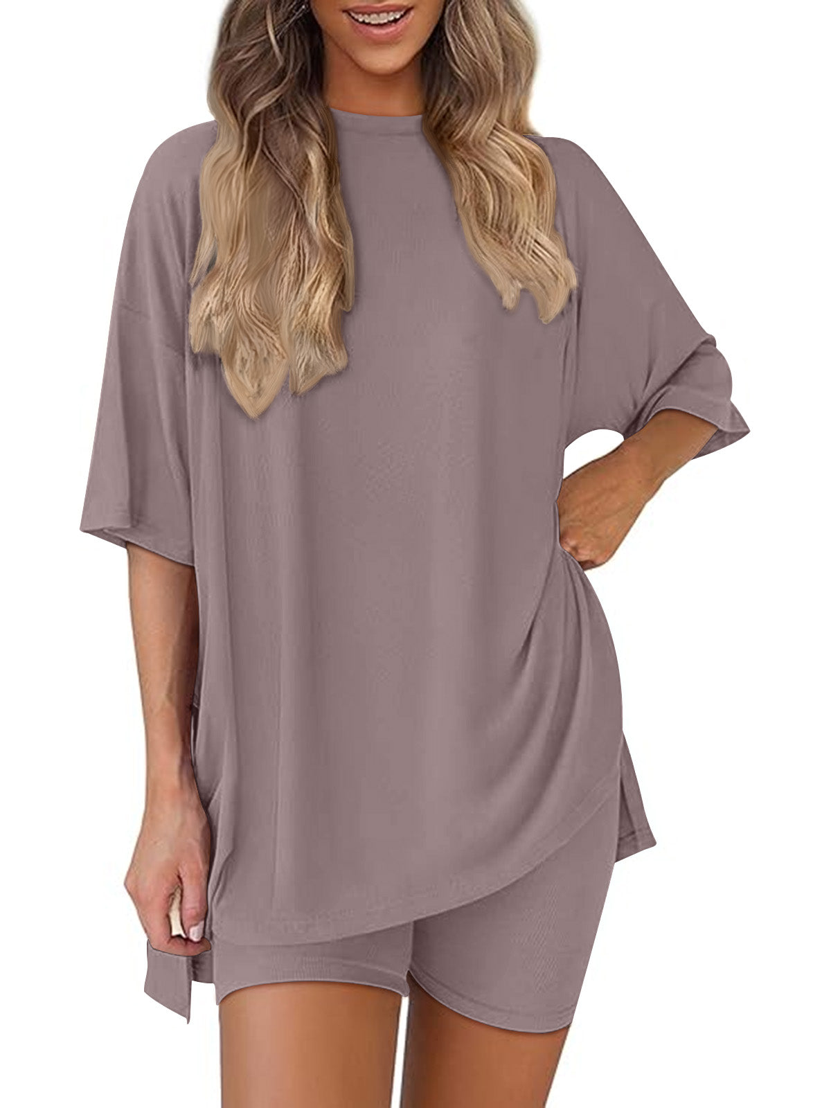 SUNBS Two Piece Lounge Set for Women Outfit Sets Casual Oversized Shirts Biker Shorts Matching Sets