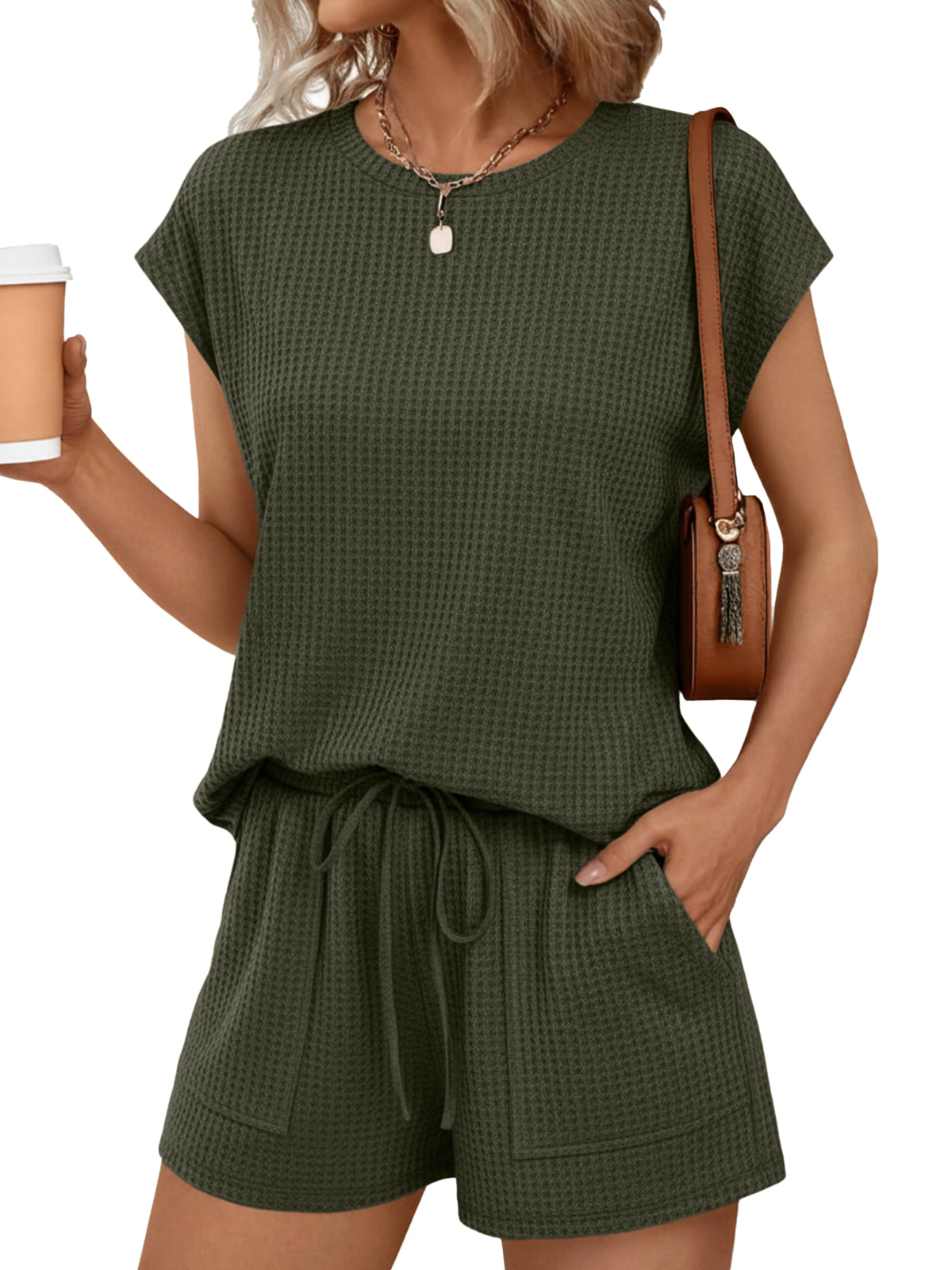 SUNBS Womens Crew Neck Two Piece short Sets Cap Waffle-Knit Sleeve Drawstring Summer Sweatsuit with Pocket