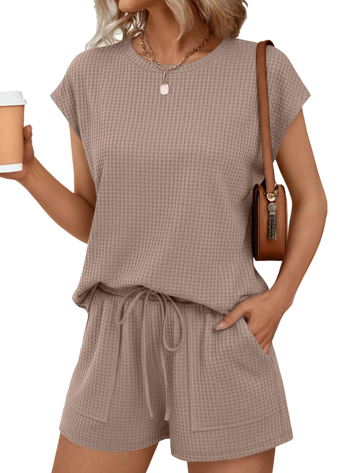 SUNBS Womens Crew Neck Two Piece short Sets Cap Waffle-Knit Sleeve Drawstring Summer Sweatsuit with Pocket
