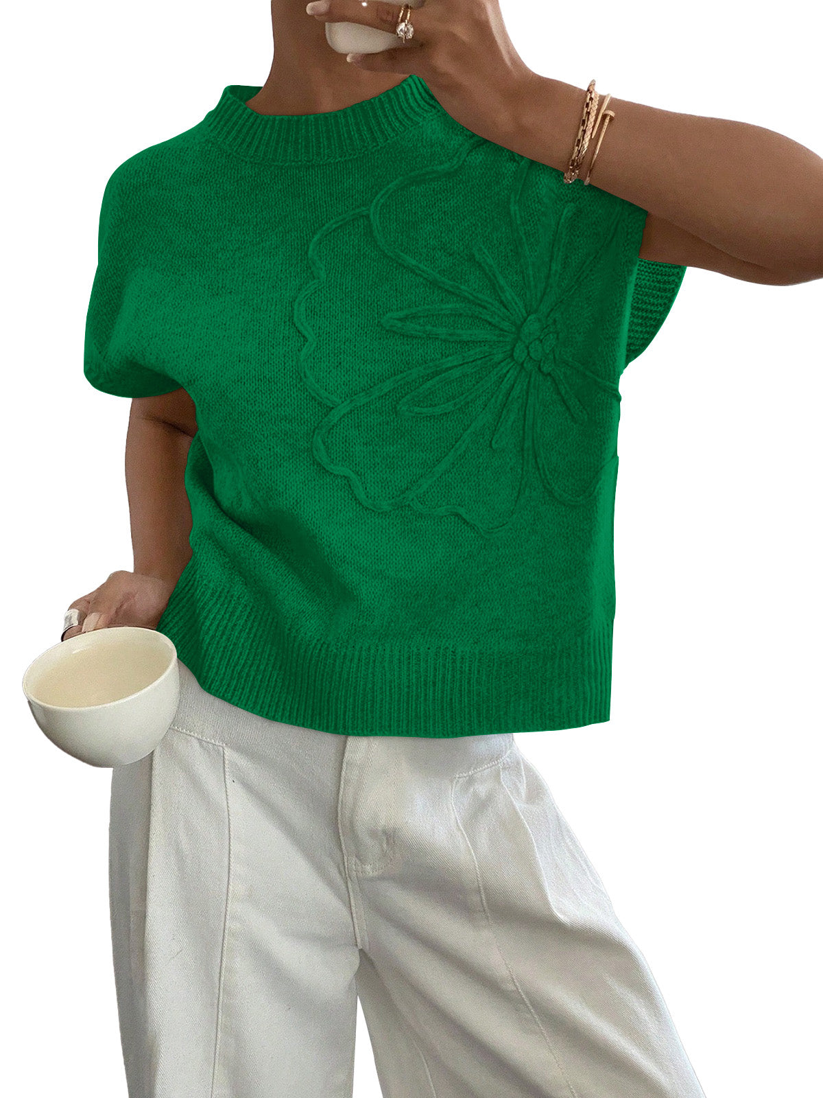 SUNBS Shirts for Women Short Sleeve Blouses Ribbed Sweater Crew Neck Short Sleeve Tops Loose Fit Floral Knit Pullover Clothing