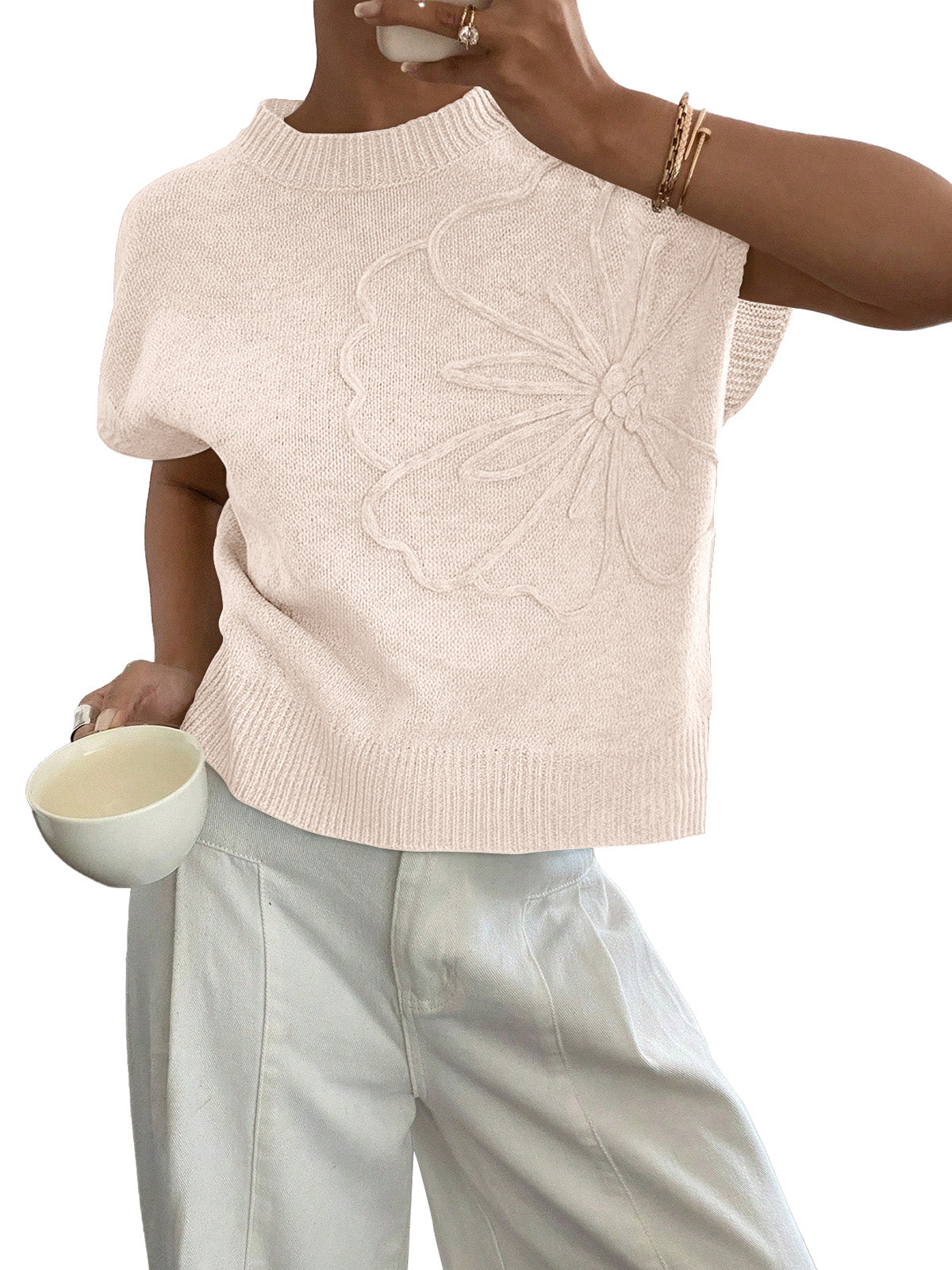 SUNBS Shirts for Women Short Sleeve Blouses Ribbed Sweater Crew Neck Short Sleeve Tops Loose Fit Floral Knit Pullover Clothing