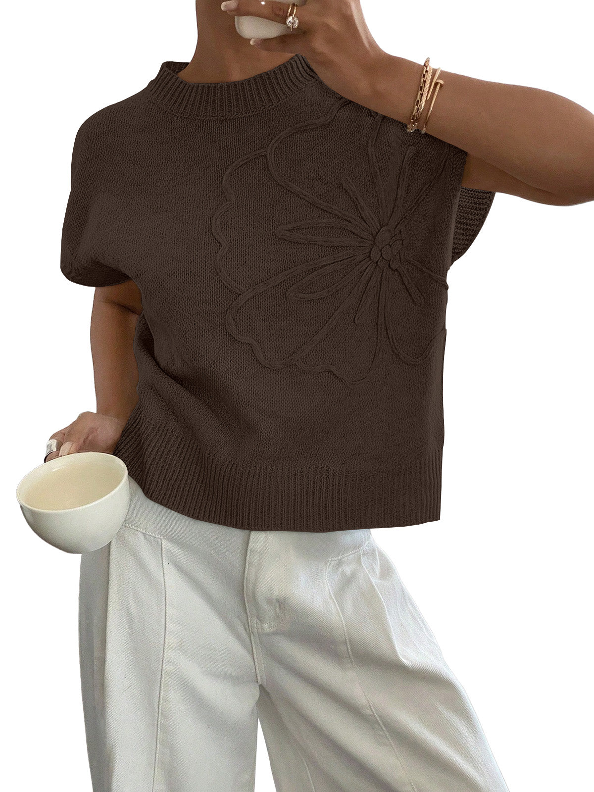 SUNBS Shirts for Women Short Sleeve Blouses Ribbed Sweater Crew Neck Short Sleeve Tops Loose Fit Floral Knit Pullover Clothing