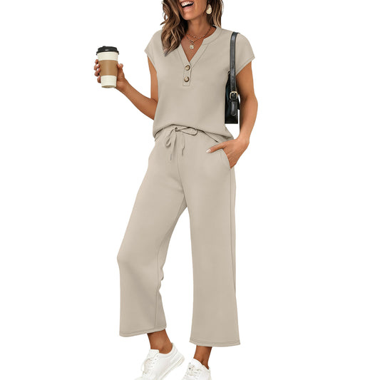 SUNBS Lounge Sets for Women 2 Piece Outfit Sets Cap Sleeve Henley Shirt and Pants Sweatsuit Womens Matching Sets