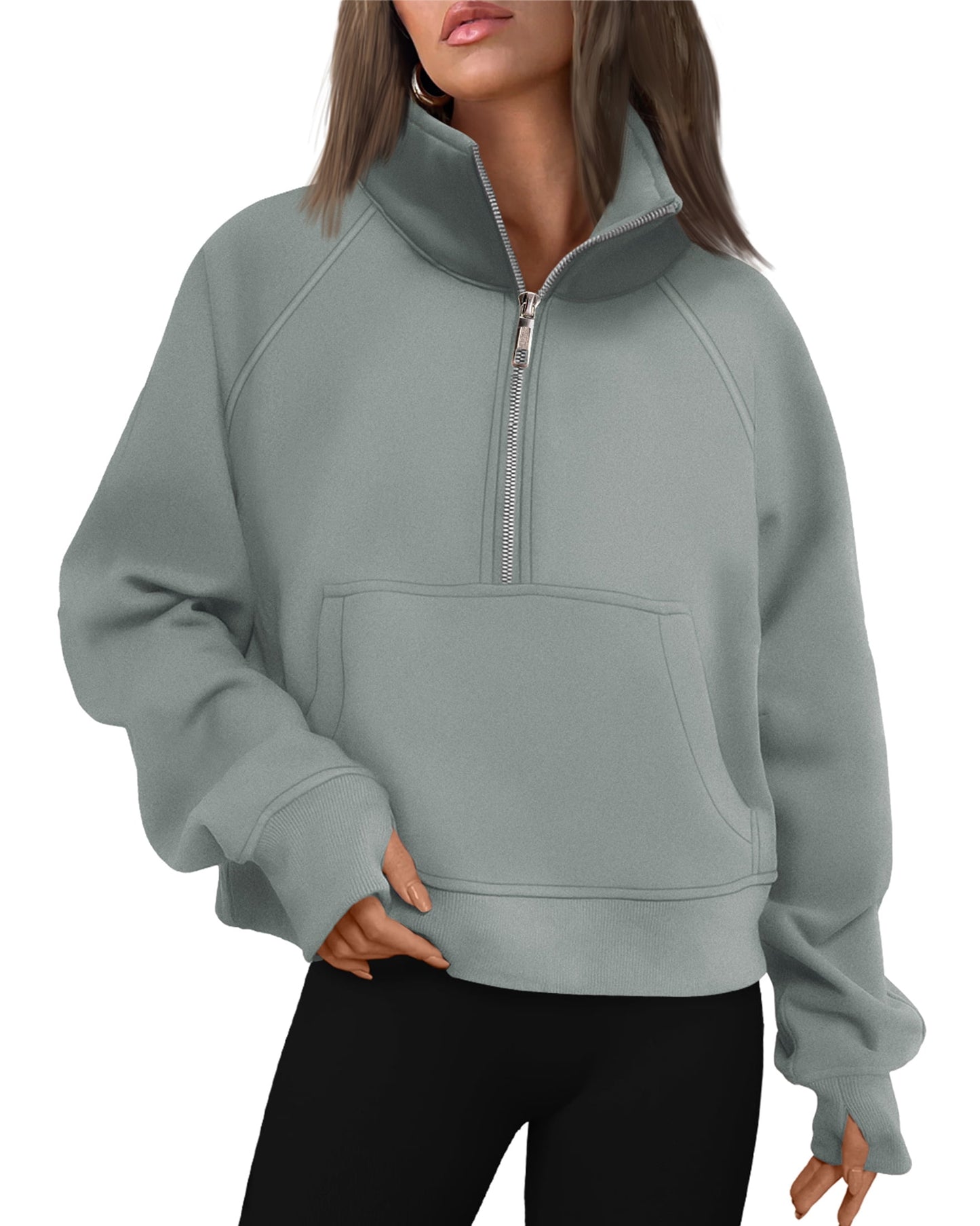 SUNBS Hoodies for Women Quarter-Zip V Neck Fleece Pullover Oversized Sweatshirt with Thumb Holes