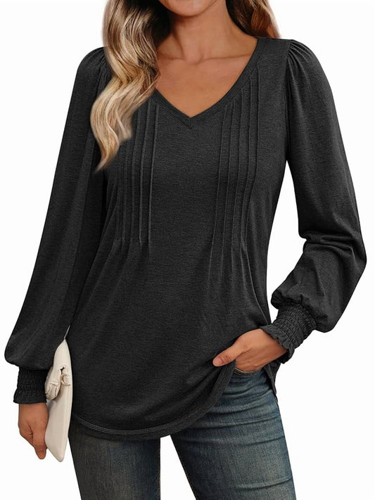 SUNBS Pleated Blouses for Women Long Sleeve Shirts Dressy Tunic Tops Crewneck Trendy Clothes
