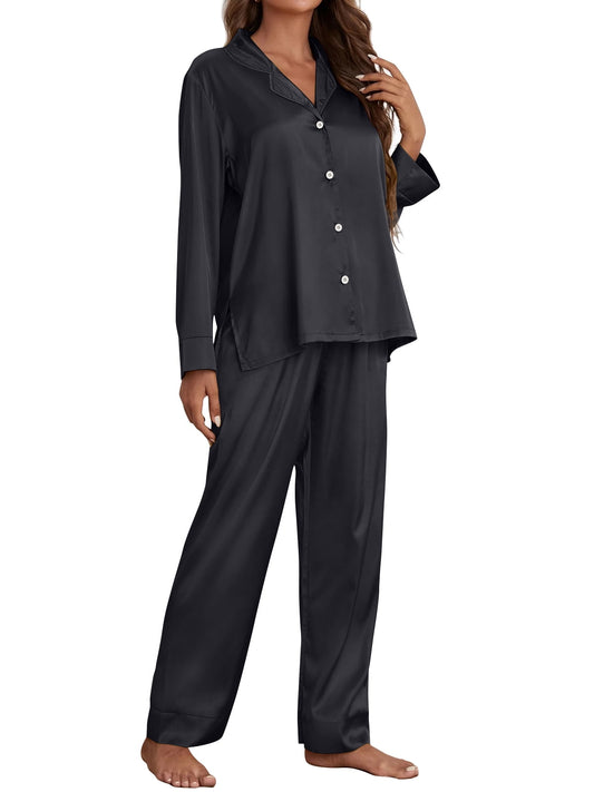 SUNBS Satin Silk Pajama Set for Women Fall 2 Piece Button Up Side Slit Matching Pjs Cute Long Sleeve Lounge Shirts Pants