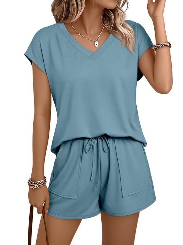SUNBS 2 Piece Outfit for Women Lounge Sets V Neck Cap Sleeve Shirt and Shorts Sweatsuit Womens Matching Sets